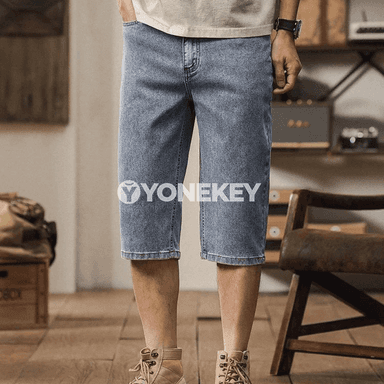 Erkekler üçin giň kesimli retro jeans şortik, ýeňil we amatly