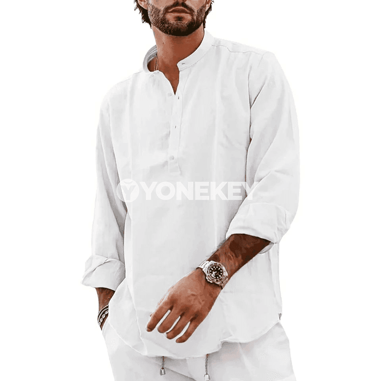 Erkekler üçin ýeňil pagtadan uzyn ýeňli casual Henley futbolka