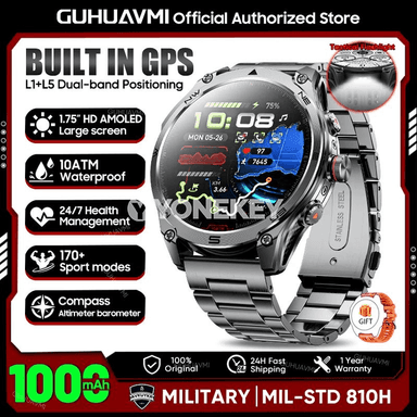 GUHUAVMI GPS sport akylly sagat, 1.75" AMOLED, 1000mAh, 10ATM