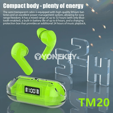 TM20 simsiz Bluetooth TWS nauşnikler, akylly sensor, suwdan goragly