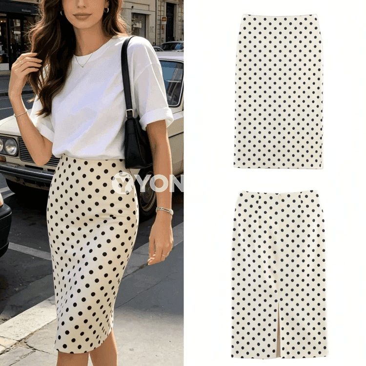 Zenanlar üçin polka nokatly midi yubka, ýazgyly, ýokary belli, A-siluet