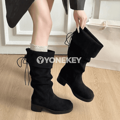 Zenanlar üçin zamşly dyzboý boots, tegelek burunly, pes ökjeli
