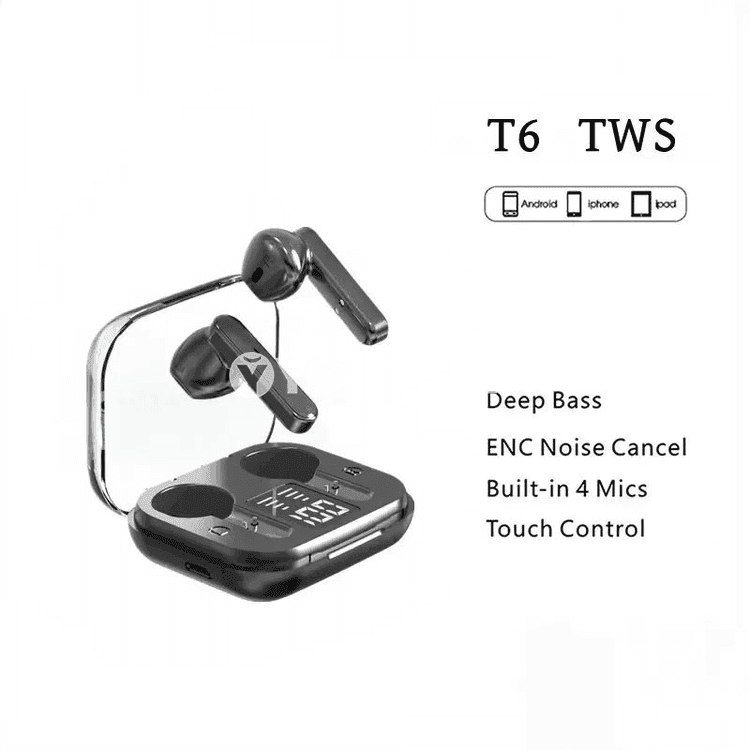 TWS T6 simsiz Bluetooth naýşnikler, LED görkeziji, mikrofonly
