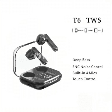 TWS T6 simsiz Bluetooth naýşnikler, LED görkeziji, mikrofonly