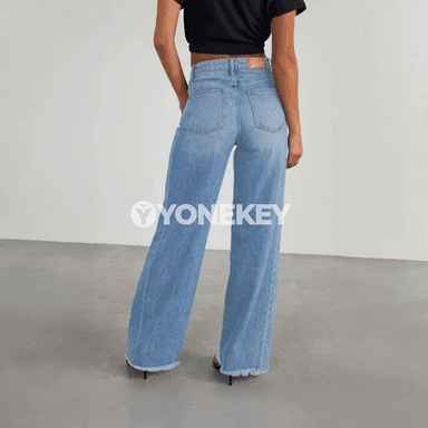 Aýal-gyzlar üçin giň gök jeans, giň balakly rahat denim