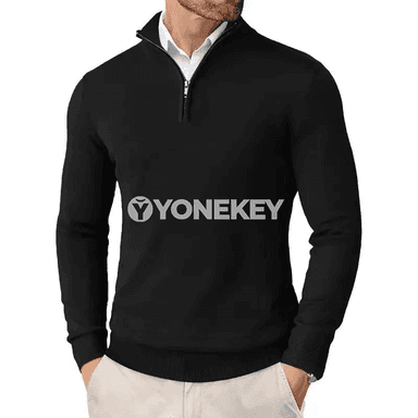 Erkekler üçin ýarym zip örme switer, ýeňil dar kesim, gündelik