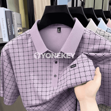 Erkekler üçin gysga ýeňli jacquard polo köýnek, ýeňil we rahat