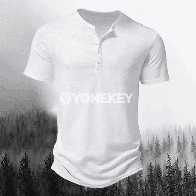 Erkekler üçin ýazky Henley polosy, bir reňkli, gysga ýeňli