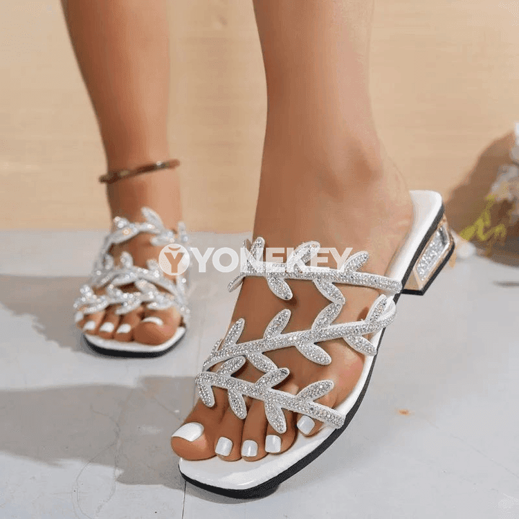 Zenanlar üçin ýazlyk blok ökjeli açyk uçly rhinestone sandallar