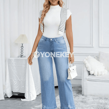 Zenanlar üçin giň balakly, ýokary belli giň jeans