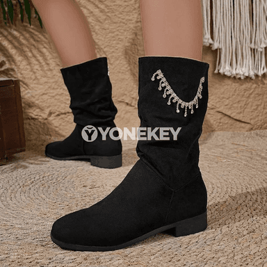 Zamşly platformaly zenan boots, rhinestone bezegli, tegelek burunly