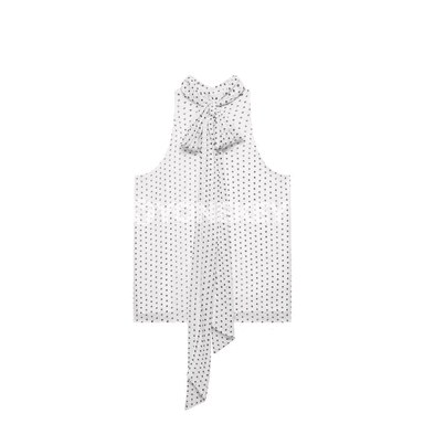 Zenanlar üçin nokatly nagyşly ýeňsiz chiffon bluzka, ýönekeý stil