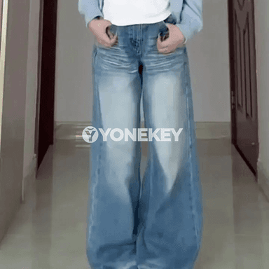 Ýokary bil giň balakly zenan jeans, boş kesimli, uzyn model
