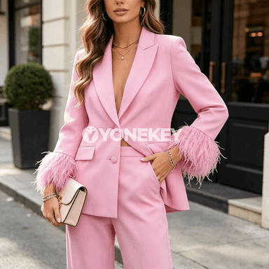 Zenanlaryň ýaz- güýz 2 bölek kostýumy: blazer we ýokary belli jalbar