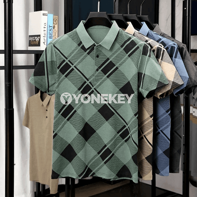 Erkekler üçin reňkli nagyşly gysga ýeňli polo futbolka, slim fit