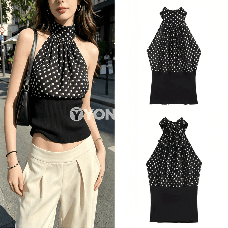 Zenanlar üçin gara nokatly halter ýeňsiz top, tomusky slim fit