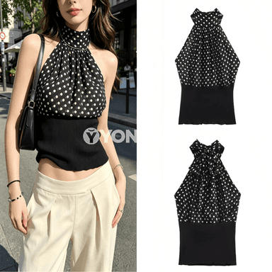Zenanlar üçin gara nokatly halter ýeňsiz top, tomusky slim fit