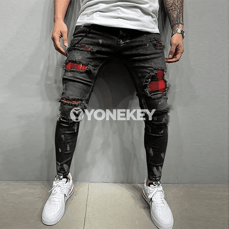 Erkekler üçin slim fit denim jalbarlary, häzirki zaman stilde