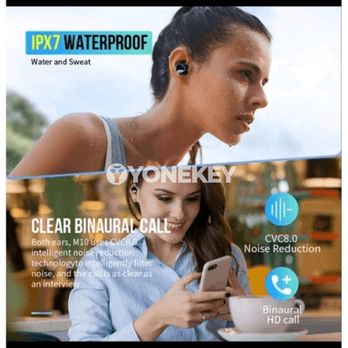 M10 TWS Bluetooth gulaklyk, mikrofonly, suw geçirmeýän