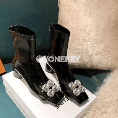 Zenanlar üçin rhinestone bezegli kwadrat ökçeli zipli gyş bootlar