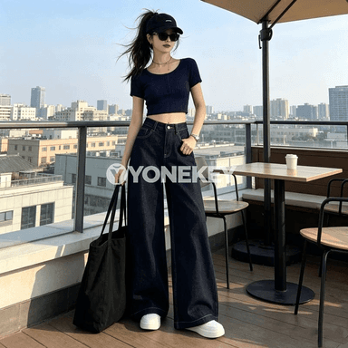 Zenanlar üçin giň balakly ýokary bel jeans, goýy gök