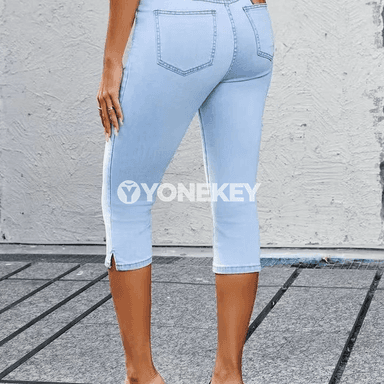 Zenanlar üçin açyk gök jeans balak, ýokary bel, elastik