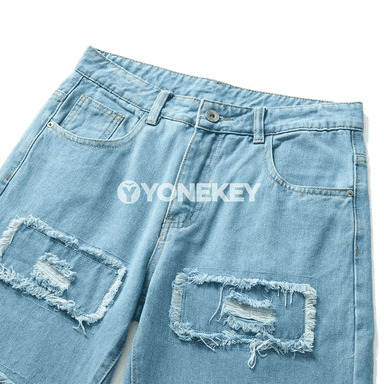 Erkekler üçin açyk gök giň kesimli ýyrtyk denim balak