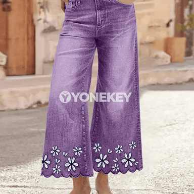 Zenanlar üçin giň ölçegli, elastik belli rahat jeans balaklar