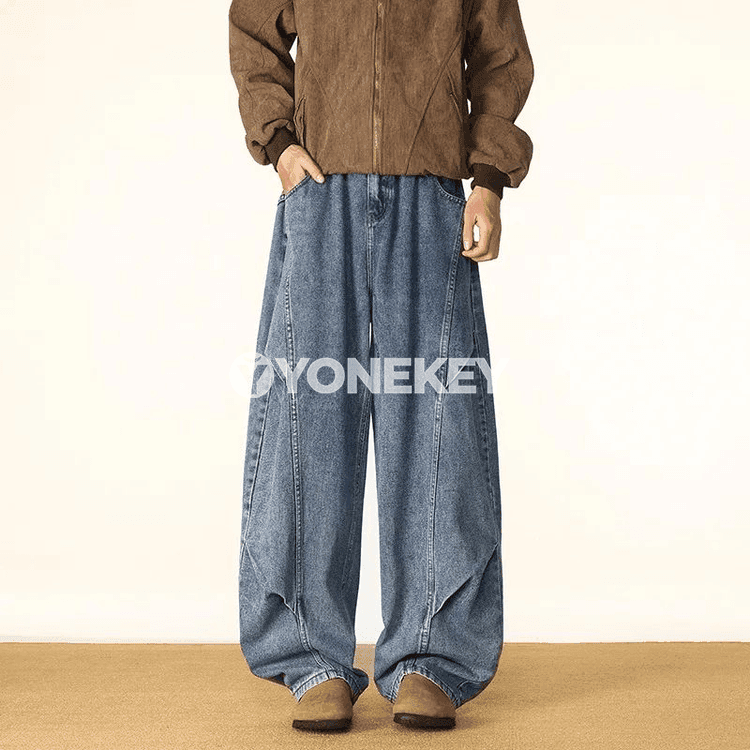 Erkekler üçin giň kesimli, ýokary billi denim jeans şortik