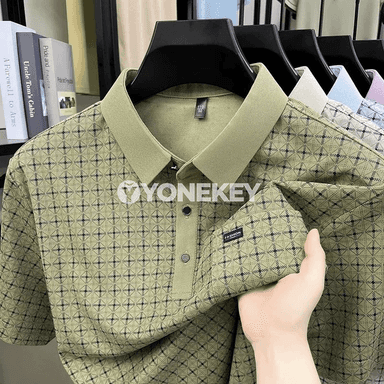Erkekler üçin gysga ýeňli jacquard polo köýnek, ýeňil we rahat