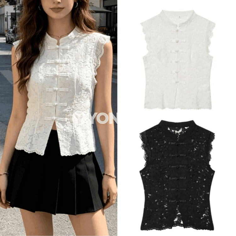 Zenanlar üçin ýeňsiz dantelli slim top, ýazky gündelik stil