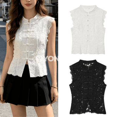 Zenanlar üçin ýeňsiz dantelli slim top, ýazky gündelik stil