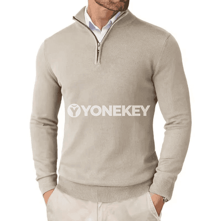 Erkekler üçin ýarym zip örme switer, ýeňil dar kesim, gündelik