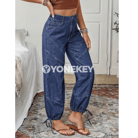 Zenanlar üçin giň kesimli jeans, topukda daňylýan, uly ölçegli