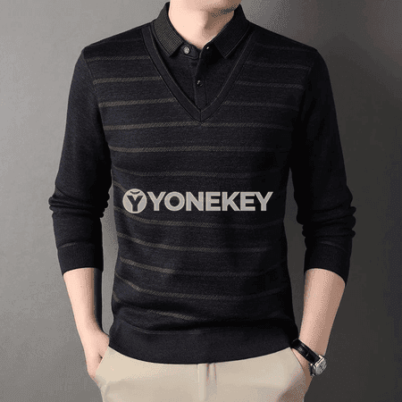 Erkekler üçin polo boýunly ýyly fleece switer, zolakly