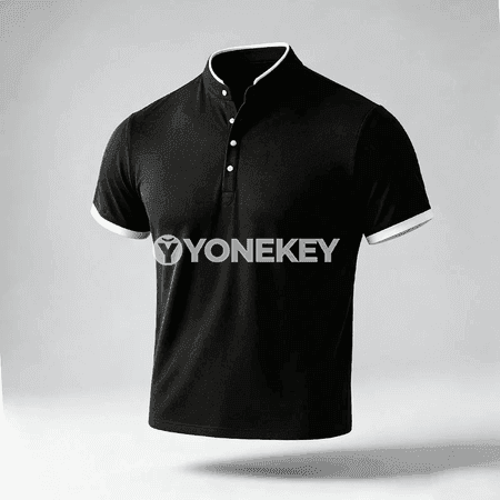 Erkekler üçin minimal stend ýakaly gysga ýeňli polo köýnek