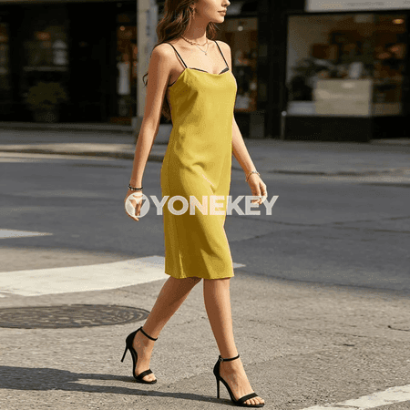 Zenanlar üçin ýazky midi bodycon satin köýnek, ýeňsiz, akşamlary üçin