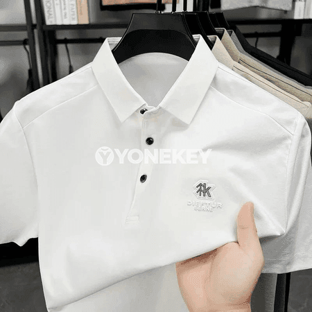 Erkekler üçin logo tikilen ýeňi gysga polo futbolka, gündelik rahat görnüş