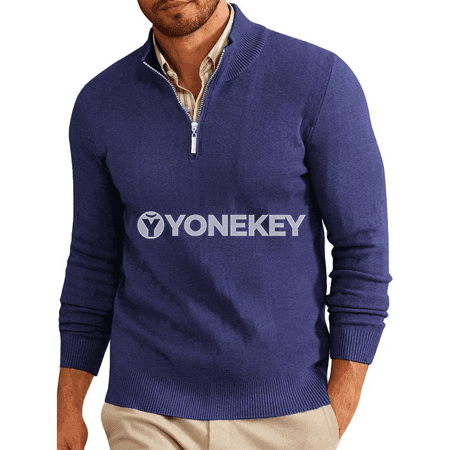 Erkekler üçin zipli ýyly turtleneck switer, uzyn ýeňli örülen model