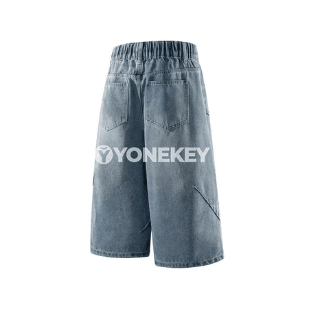 Erkekler üçin vintage denim giň balak-şortik, tomusky rahat stil