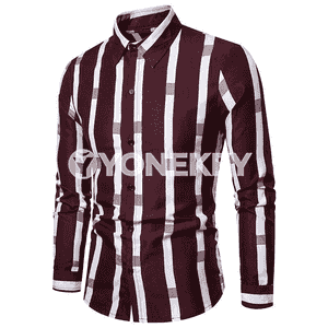Erkekler üçin niýetlenen dik zolakly we uzyn ýeňli moda köýnek.
