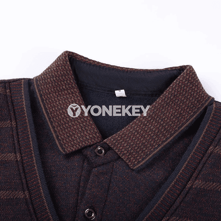 Erkekler üçin polo boýunly ýyly fleece switer, zolakly