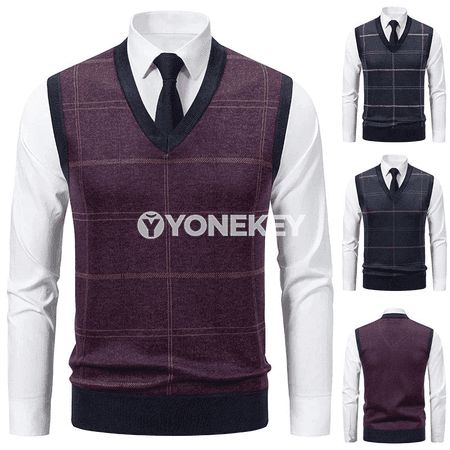 Erkekler üçin V boýunly örme switer, güýz-gyş üçin ýyly ýeňsiz top
