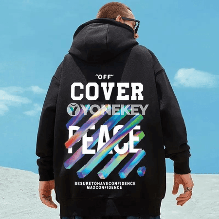 Erkekler üçin oversize hoodi, ýazmaça ýazgyly, şäher stilinde