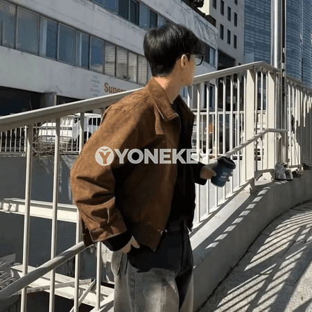 Erkekler üçin retro süet bomber kurtka, güýz ýaz üçin