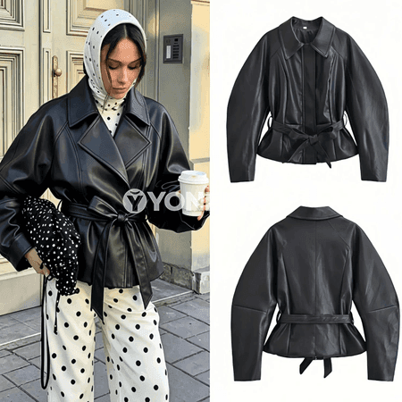 Aýal-gyzlar üçin moda belbogly gysga jacket, gara