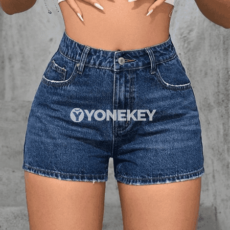 Zenanlar üçin gara denim şortik, ýokary bel, rahat elastik