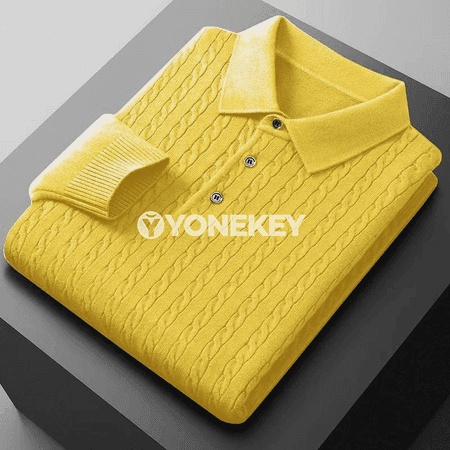 Erkekler üçin ýyly triko polo switer, düwmejikli boýunly