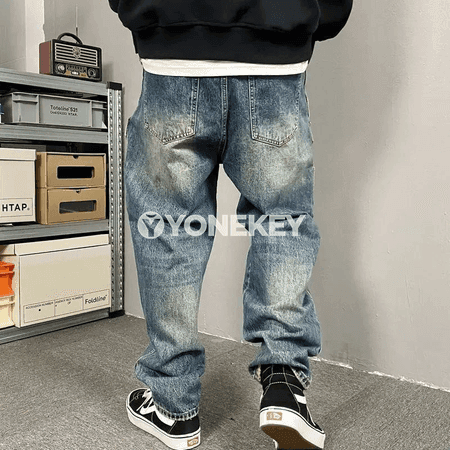 Erkekler üçin giň kelleli retro jeans, göni kesim, şäher stili