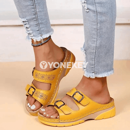 Zenanlar üçin rahat tomus şypbyklary, goşa tokaly platformaly sandal